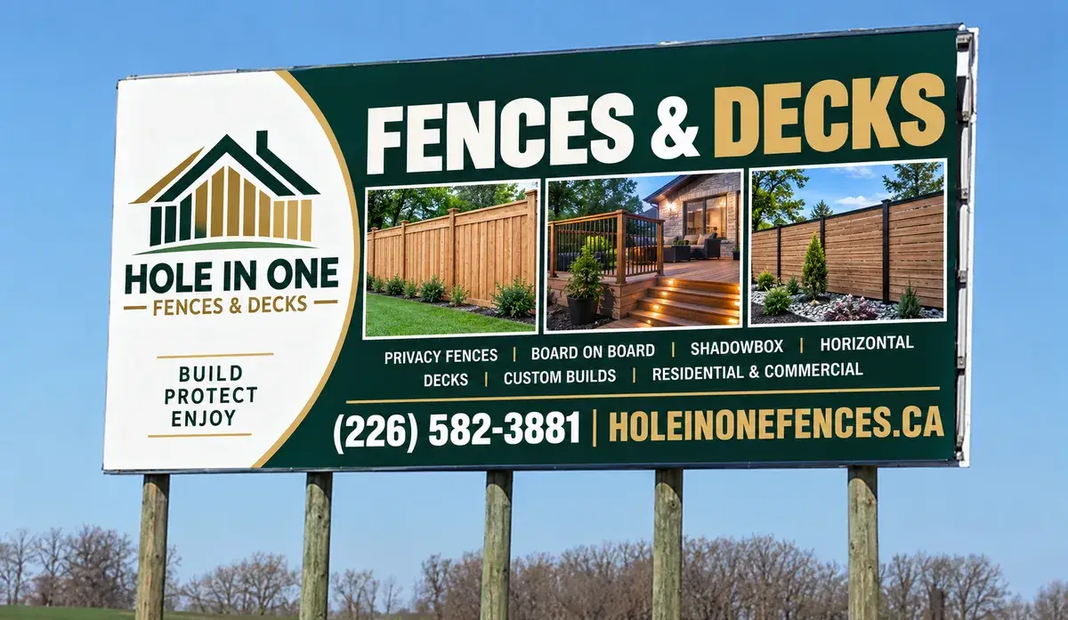 Hole In One Fences and Decks billboard showing fences and decks